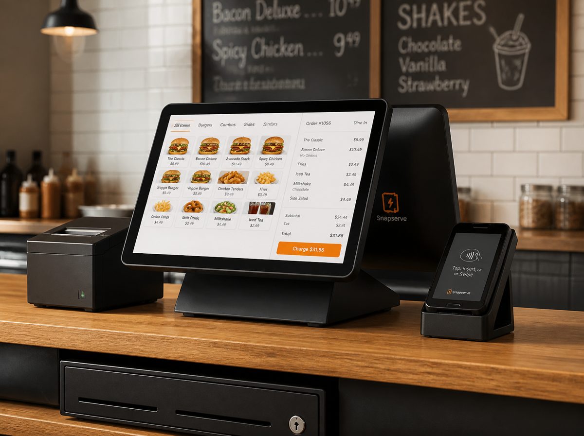 Snapserve register with a 15.6 inch touchscreen, customer-facing card reader, receipt printer and cash drawer on a wooden counter