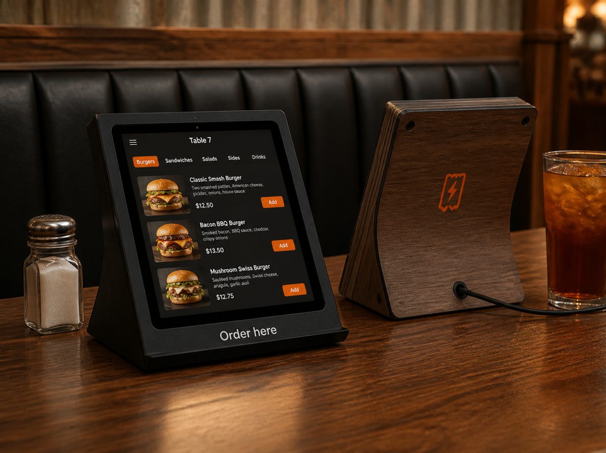 Snapserve table ordering tablet in a black wedge stand on a diner booth table, with a walnut version beside it